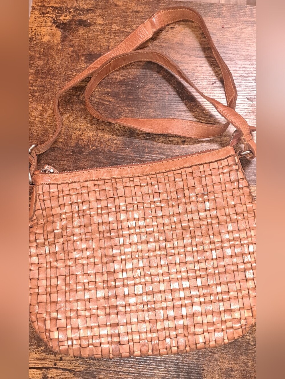 VILENCA HOLLAND Anthropologie Cognac Woven Leather Shoulder Bag Purse